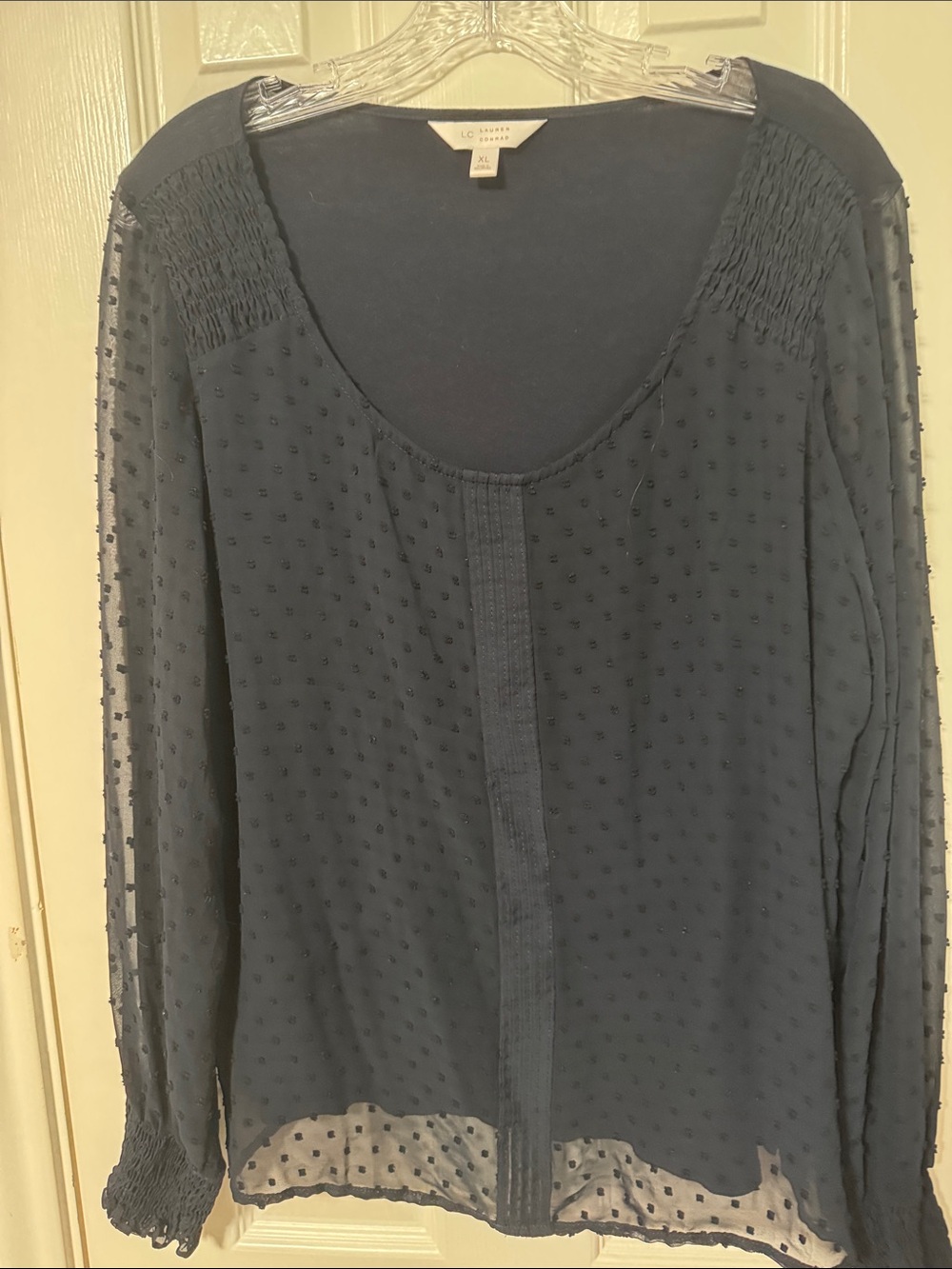 LC Lauren Conrad Navy Swiss Dot Scoop-Neck Blouse